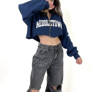 FURST OF KIND (LF) BLUE DISTRESSED ZIP-UP CROPPED SWEATER